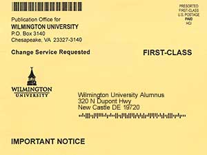 yellow colored postcard to Wilmington University Alumnus (front view)