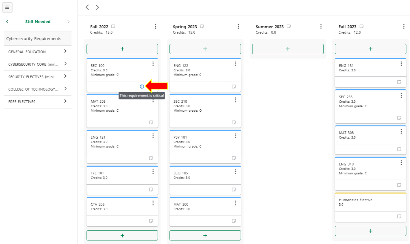 screen shot of a Degree Works educational plan