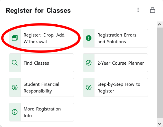 Register for Classes card with Registration Link circled