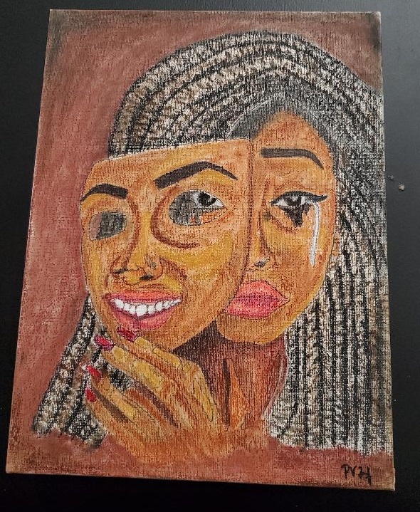 woman holding mask painting