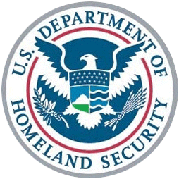 U.S. Department of Homeland Security logo; flying eagle with branch and arrows in left and right claws, shield on chest